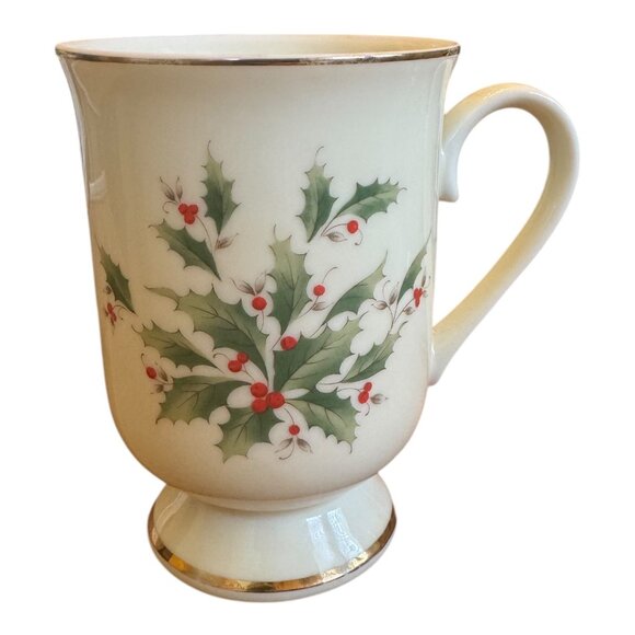 Kenasho Vintage Holiday Holly Berry Footed Coffee Mugs  Set Of 2 - Picture 10 of 12